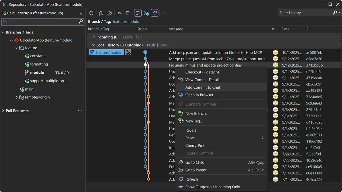 Image displaying a git repository in a UI with branch history and a right-click menu option to Add a commit to Copilot Chat