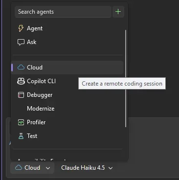 Image displaying the menu option to start a remote coding session with a cloud agent in the Copilot Chat interface