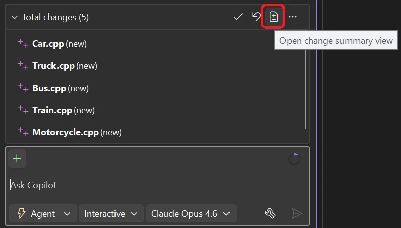 Image displaying the button in the Copilot Chat interface to open a change summary view. This is visible after Copilot changes some files in Agent mode alongside the list of files that were added or modified