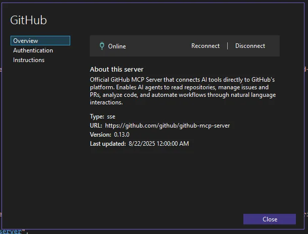 Image of MCP server management UI showing configuration options