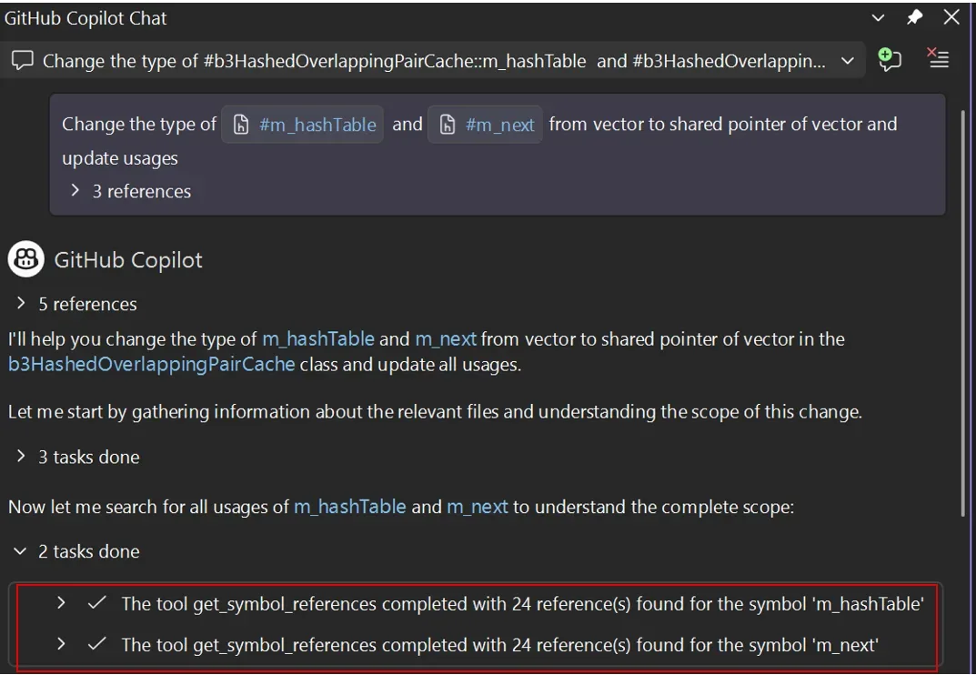 Image depicting changing the types of two symbols in GitHub Copilot Chat using the get_symbol_references tool