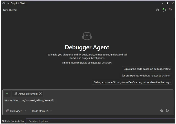 Image displaying the GitHub Copilot Chat interface using the Debugger Agent. Offers assistance with diagnosing and fixing bugs, analyzing exceptions, understanding call stacks, and suggesting breakpoints