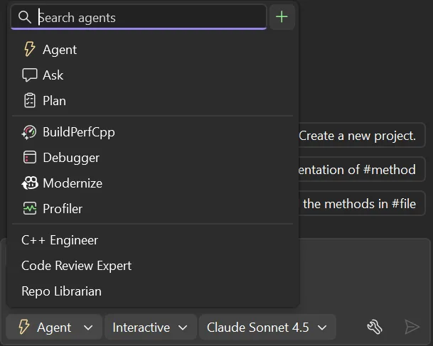 Image displaying the Agents menu in the Copilot Chat interface, including a list of built-in and custom agents. The custom agents listed are C++ Engineer, Code Review Expert, and Repo Librarian.