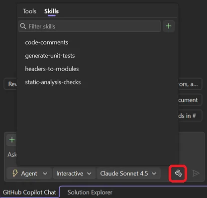 Image displaying the Skills selection menu in the Copilot Chat settings. Four skills are displayed: code-comments, generate-unit-tests, headers-to-modules, static-analysis-checks