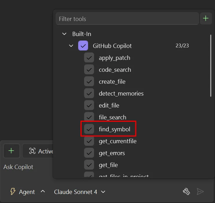 Image of list of available built-in tools in Copilot Chat settings, including 'find_symbols'