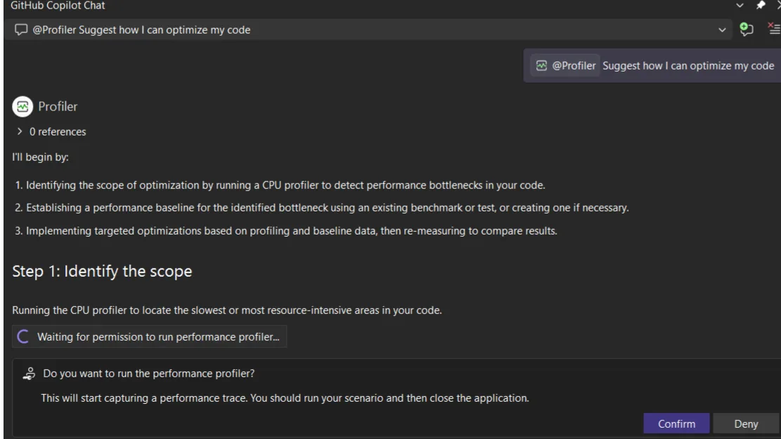 Visual Studio Profiler Agent running in response to a user request: @Profiler Suggest how I can optimize my code. The agent begins by outlining a plan to identify the scope of optimization, establish a performance baseline, and implement targeted optimizations