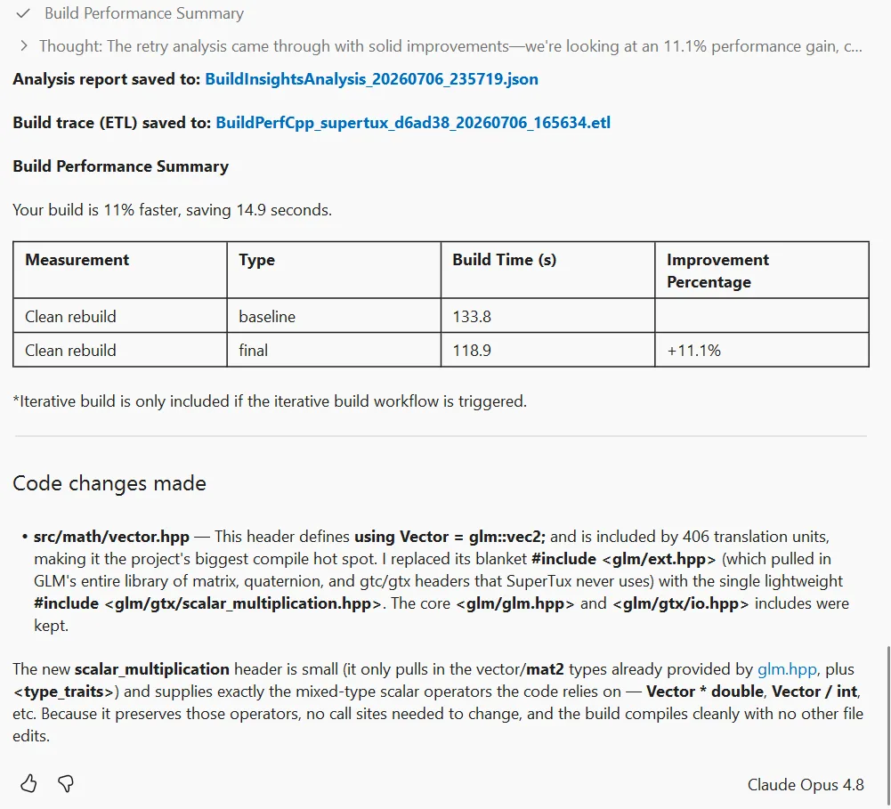 Successful optimization summary with baseline and final build times.