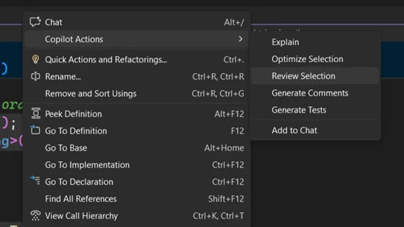 Context menu showing Copilot Actions with Review Selection highlighted