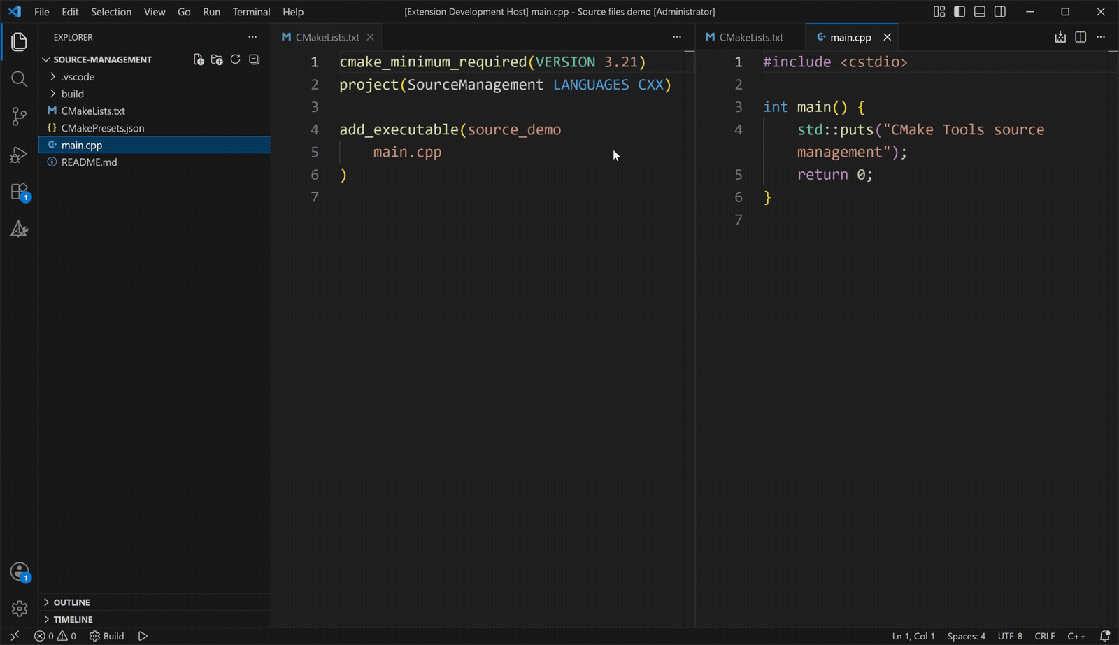 Create and delete a source file in Explorer while CMake Tools updates CMakeLists.txt.