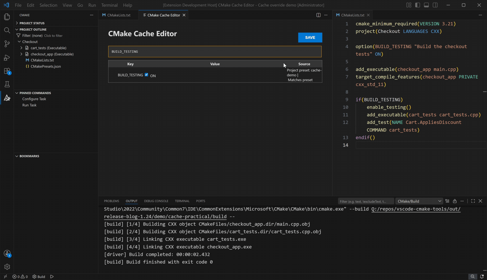 Turn off BUILD_TESTING, keep checkout_app, and save the change as a user-preset override.