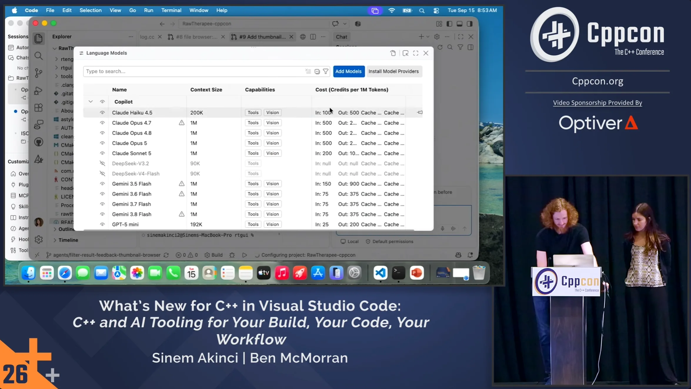 A screenshot of the YouTube session video for Ben McMorran (left) and Sinem Akinci (right)'s talk on Visual Studio Code.