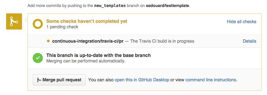 GitHub in-progress dialog showing some checks haven't completed yet, with a check mark indicating the branch is up to date with the base branch