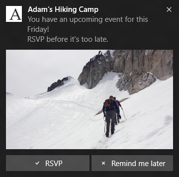 Interactive Toast notification of an event invite with action buttons to 'RSVP' or 'Remind me later'