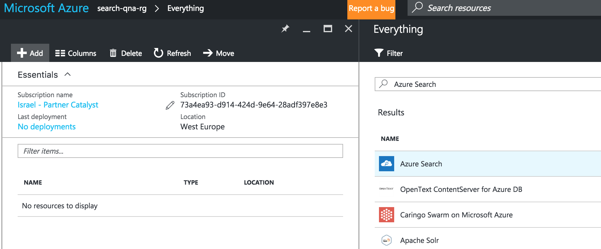 Screenshot of Azure Portal resource group. Adding new service Azure Search from services list.