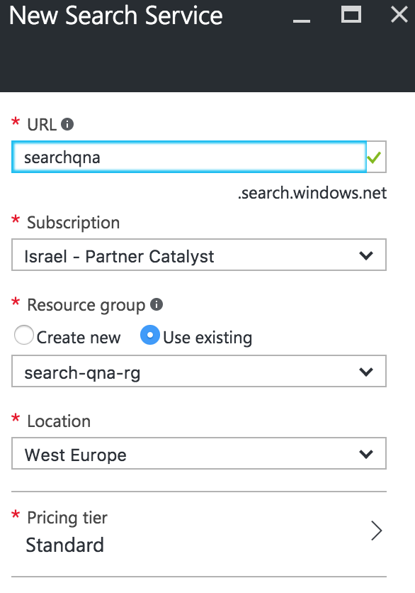 Creating new search service with URL, associated subscription, resource group, location and pricing tier.