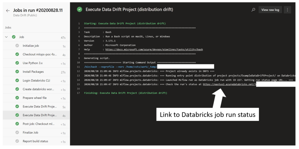 Accessing the Databricks job from Azure pipeline run log