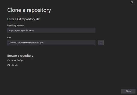 Visual Studio 'Clone a repository' dialog