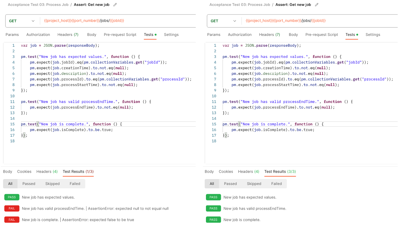 Two screenshots of a Postman request's Test pane showing failing tests on the left and passing tests on the right.