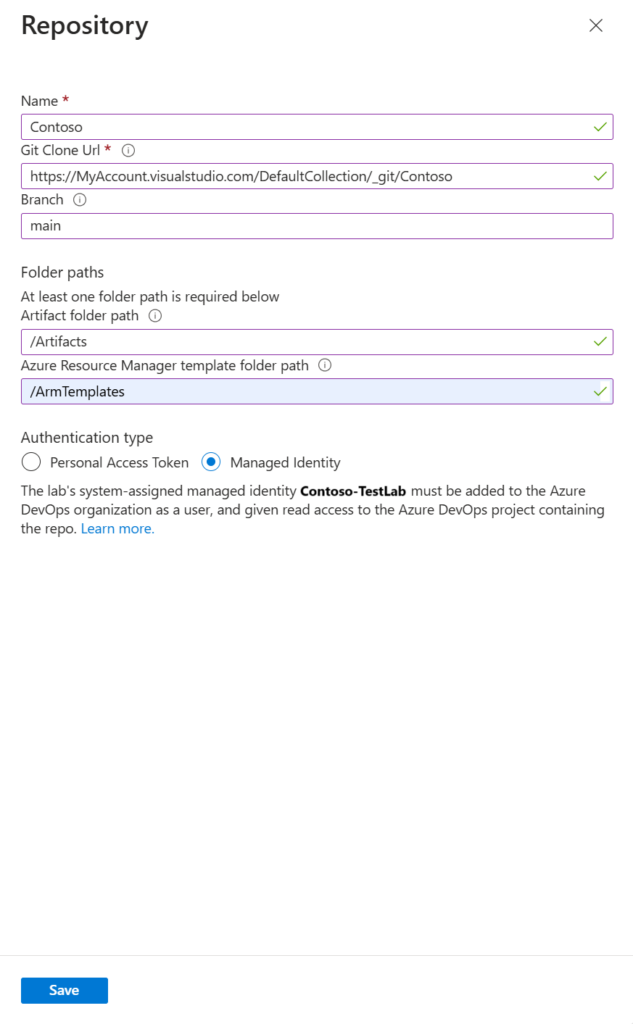 Image DevTest lab repo blade with azure managed identity