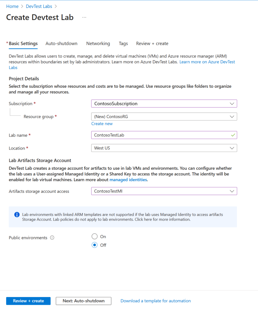 Image portal create basic settings managed identity