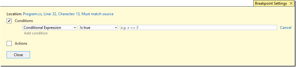 Breakpoint Settings with conditions checked