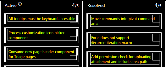 The same Kanban board in high contrast mode. The User Story and Bug type is now indistinguishable.