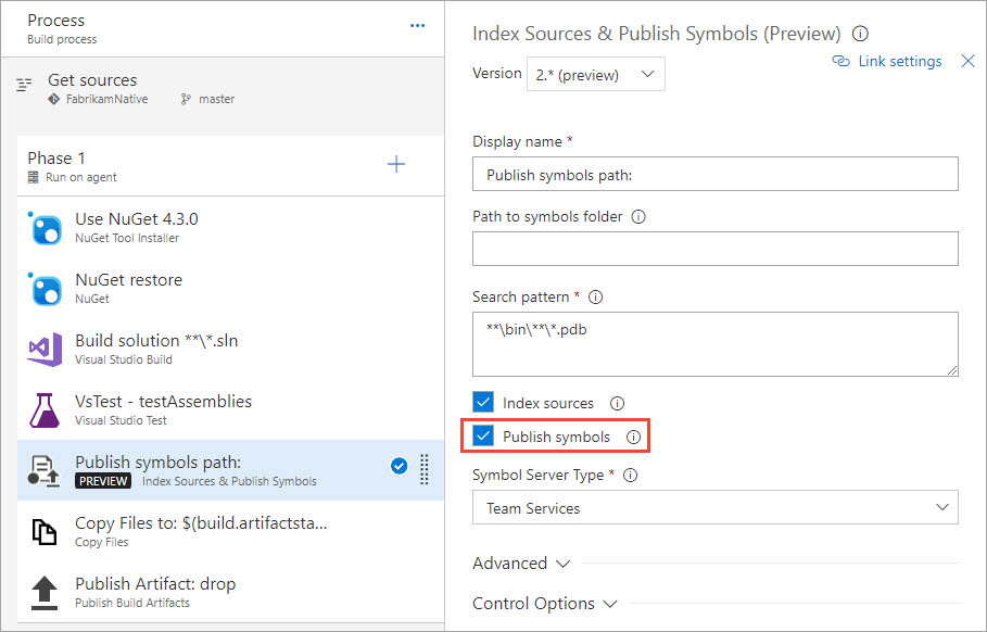The "Index Sources and Publish Symbols" task, version 2.* preview, has a Publish symbols checkbox.