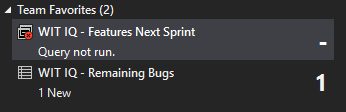 Two queries under Team Favorites are shown. One called Features Next Sprint has an error icon and says Query not run.