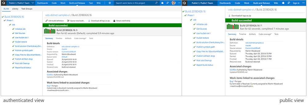 Authenticated vs anonymous views of a build in VSTS