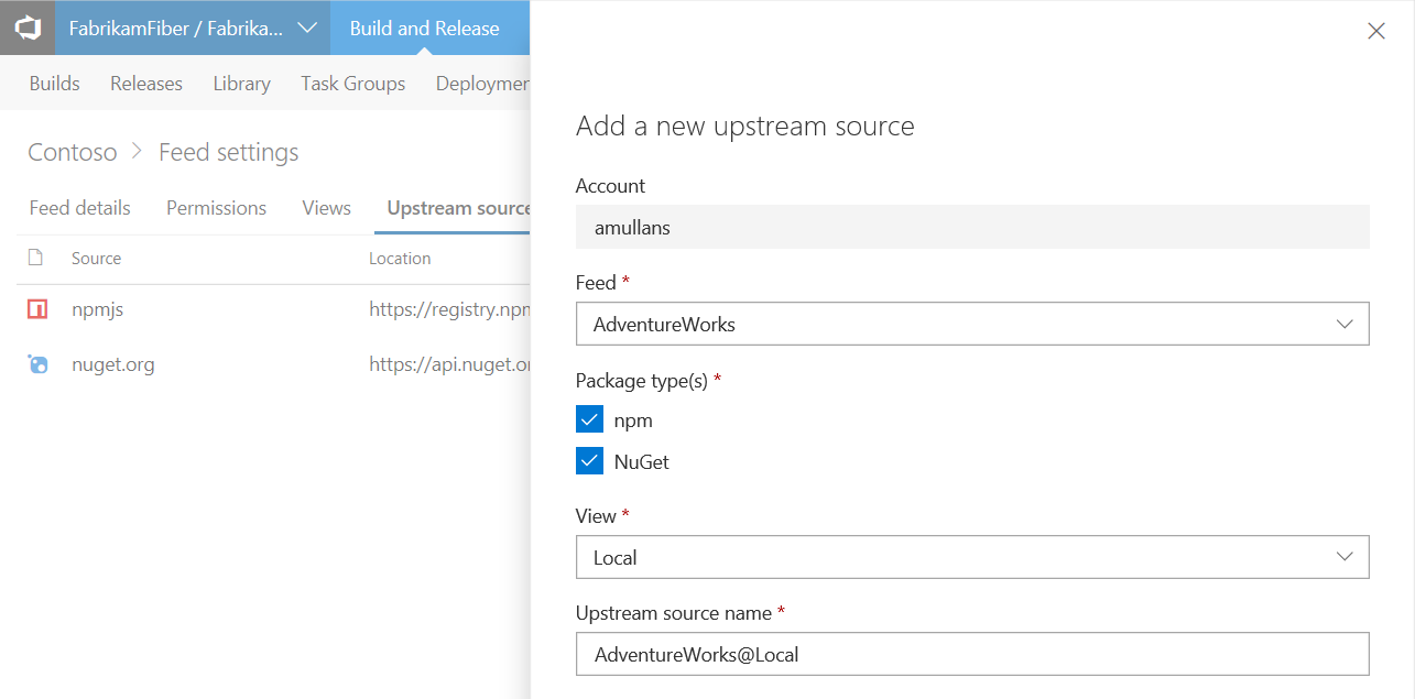 The configuration panel for adding an upstream source