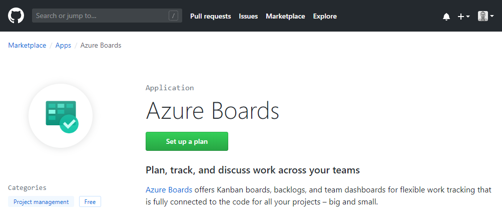 Azure Boards listing in GitHub Marketplace