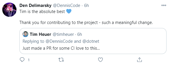 Den Delimarsky thanking Tim Heuer for his PR