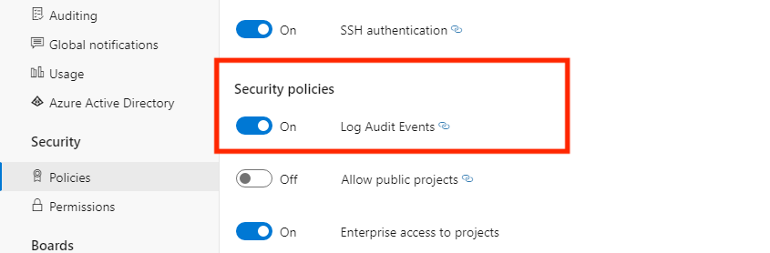 Enable Log Audit Events in Organization Settings
