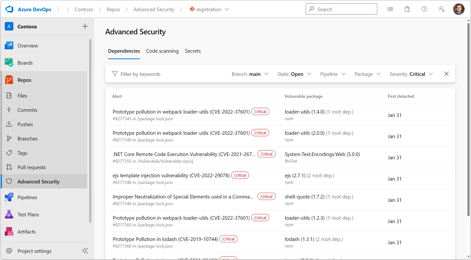 Screen capture of the Advanced Security experience within Azure DevOps with the Dependencies tab enabled