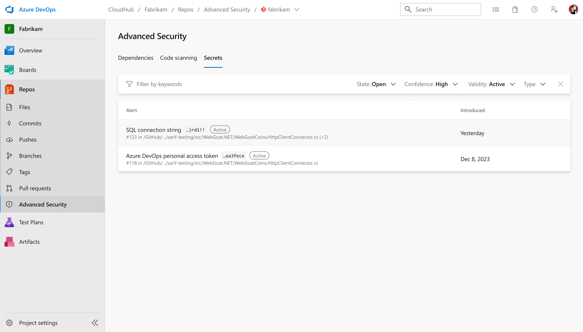 Alerts list filtered by Validation status Active image