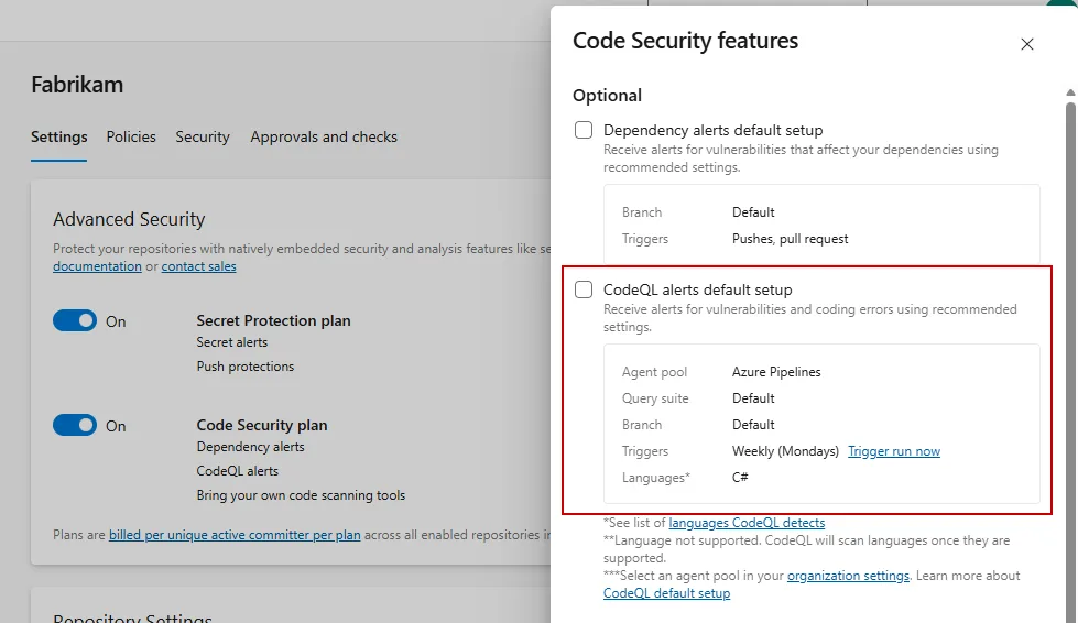 advanced security codeql default setup enablement repo unbundled image