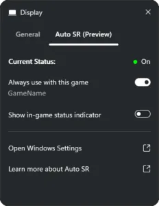 Xbox Game Bar Auto SR widget showing Current Status: On for Forza Horizon 5