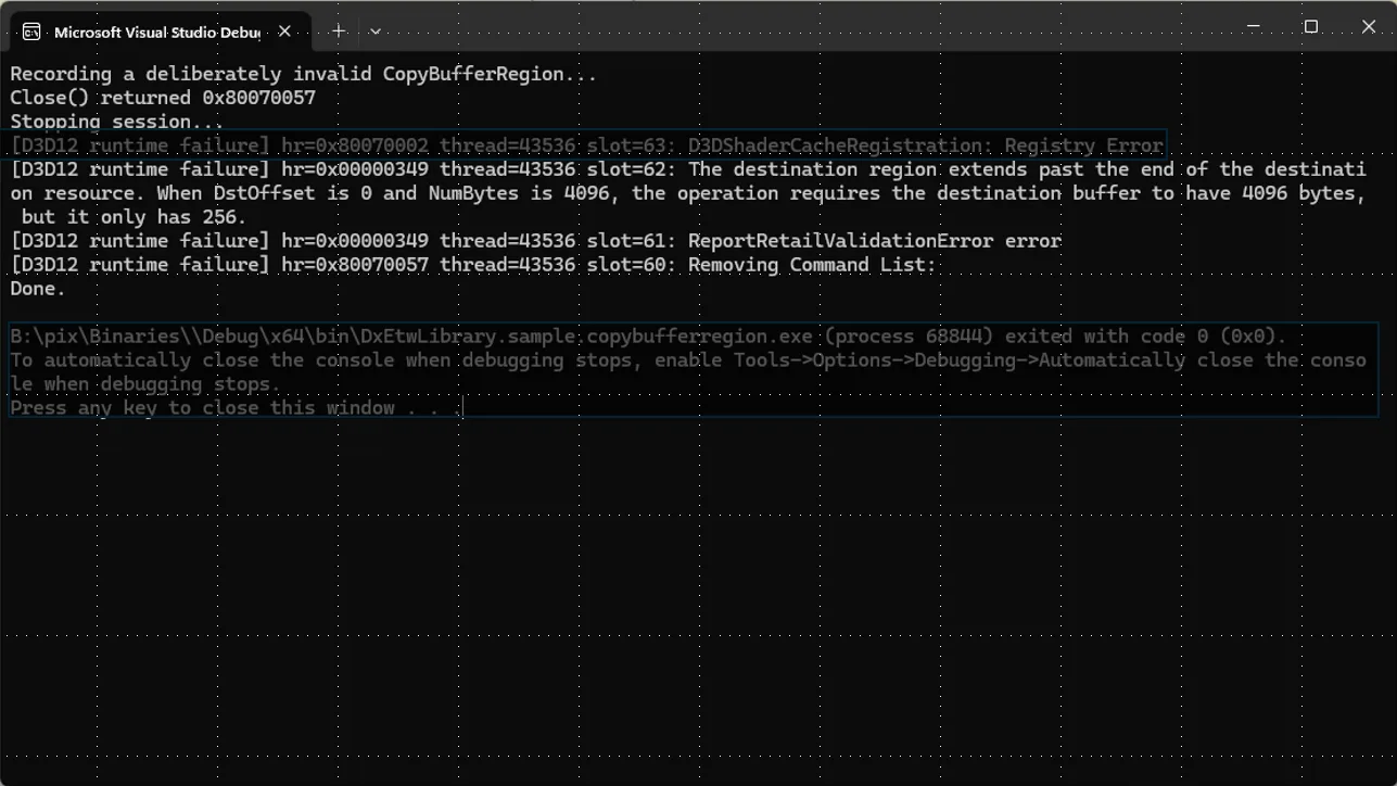 Command prompt window of the DxTimingCaptureLibrary sample