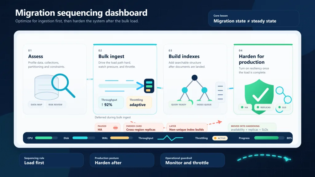 Migration sequencing dashboard showing a four-step flow: assess, bulk ingest, build indexes, and harden for production, with monitoring indicators for CPU, disk, WAL, throughput, throttling, and progress.