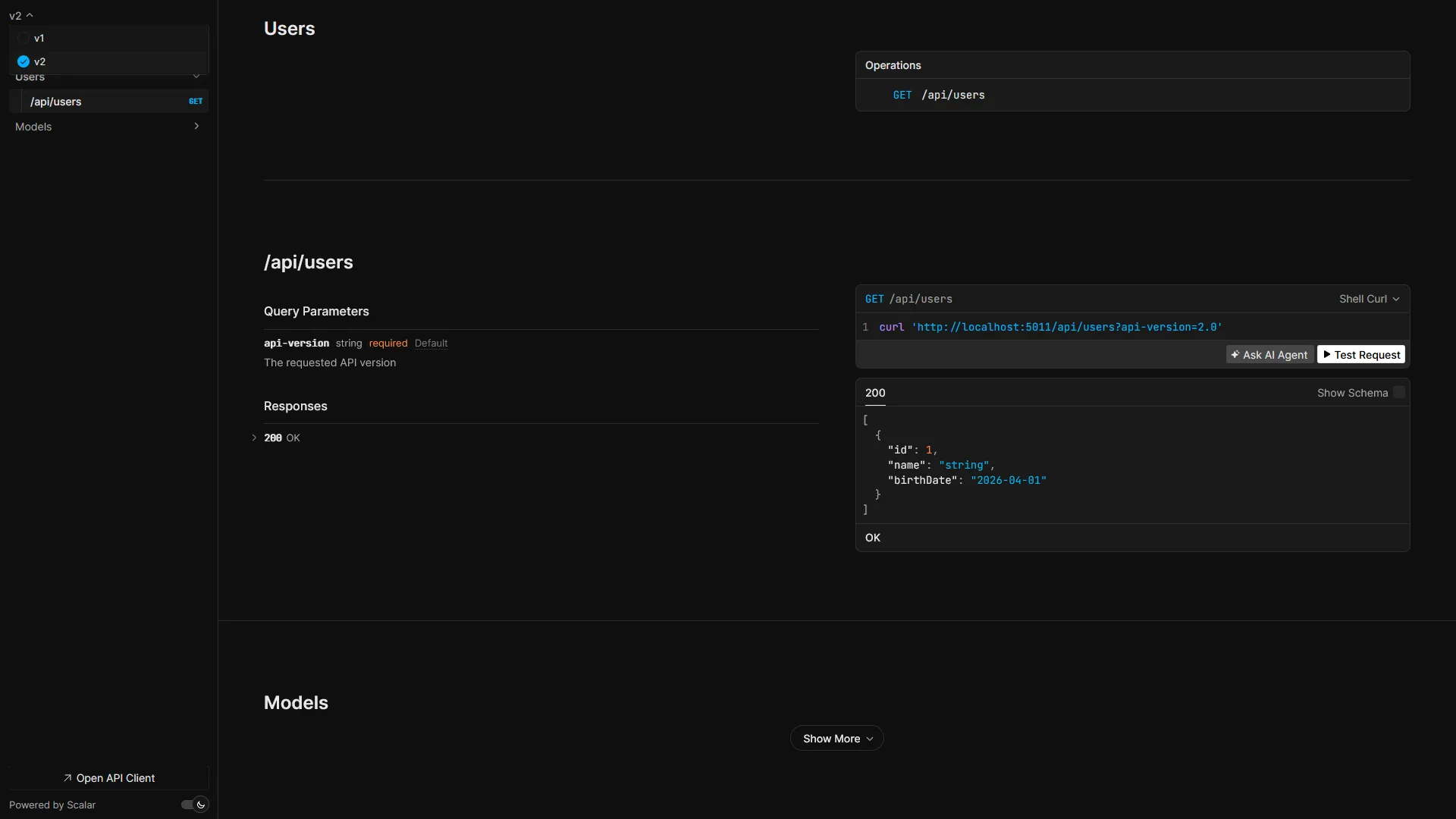 Scalar UI showing two versions of the API in the dropdown menu.