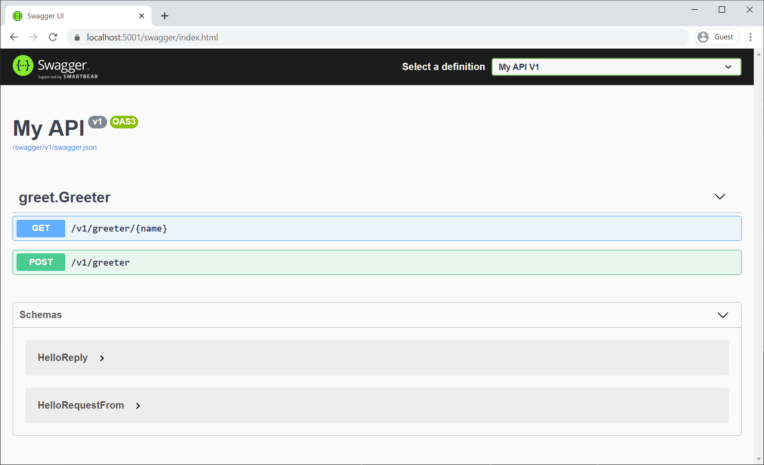 SwaggerUI showing versioned API documentation with two API versions in the dropdown.