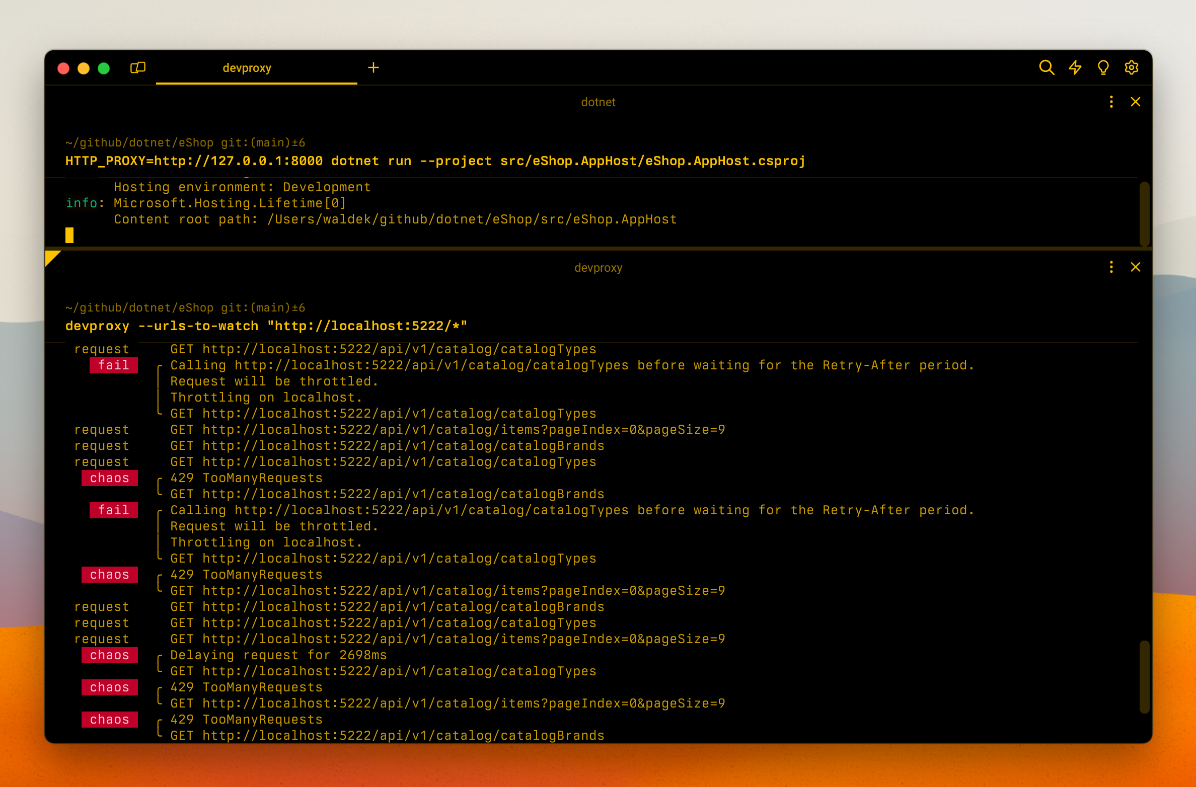 Screenshot of a terminal with Dev Proxy simulating API errors