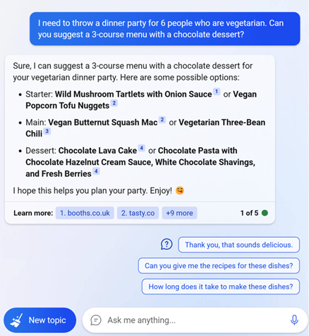 Image of Bing Chat conversation about recipes