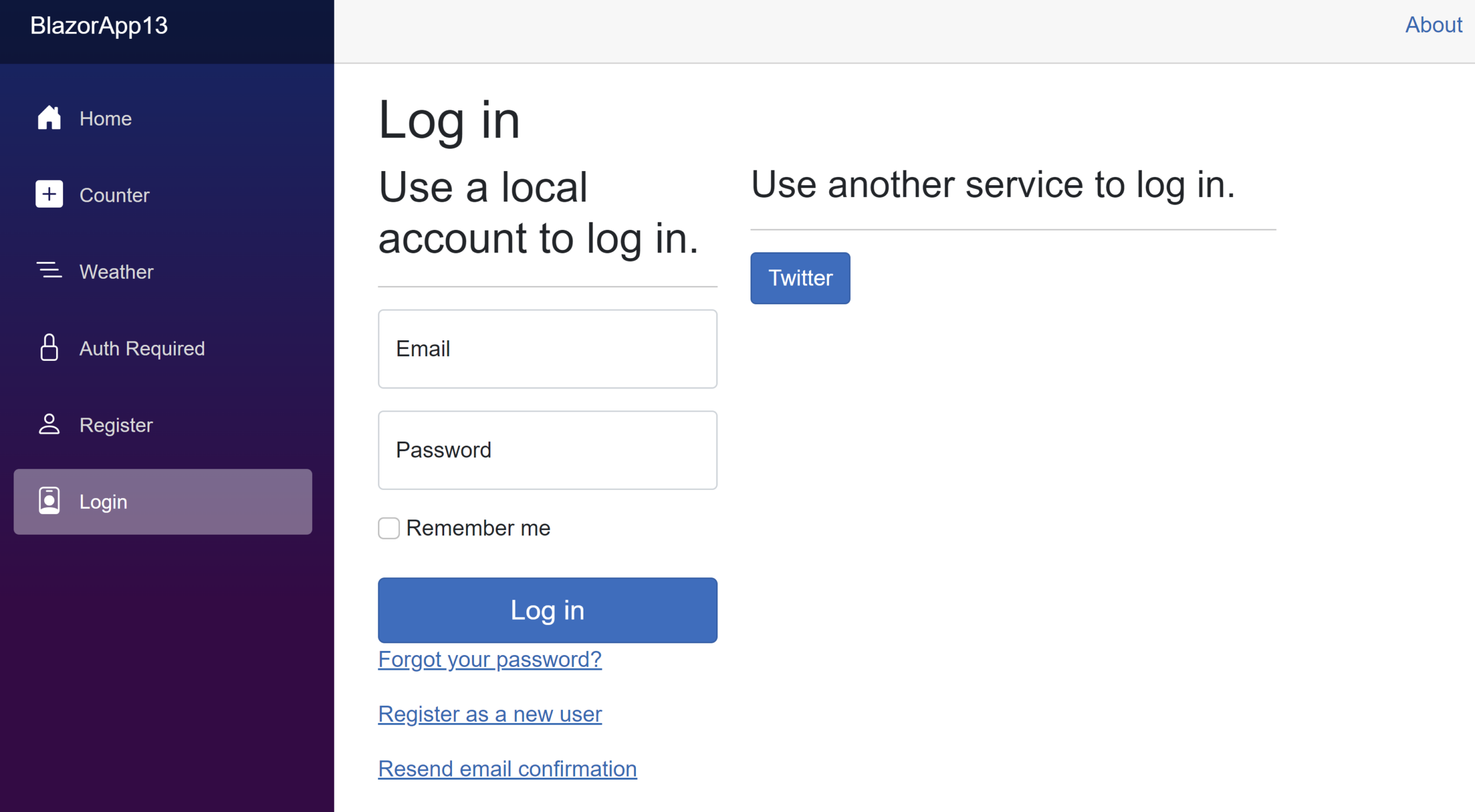 Blazor login page with Twitter