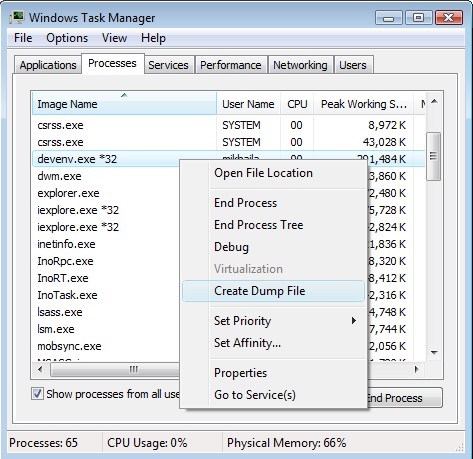 Create dump from task manager