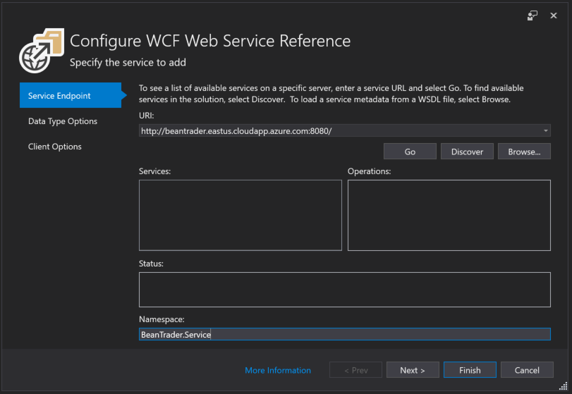 WCF Web Service Reference Connected Service dialog