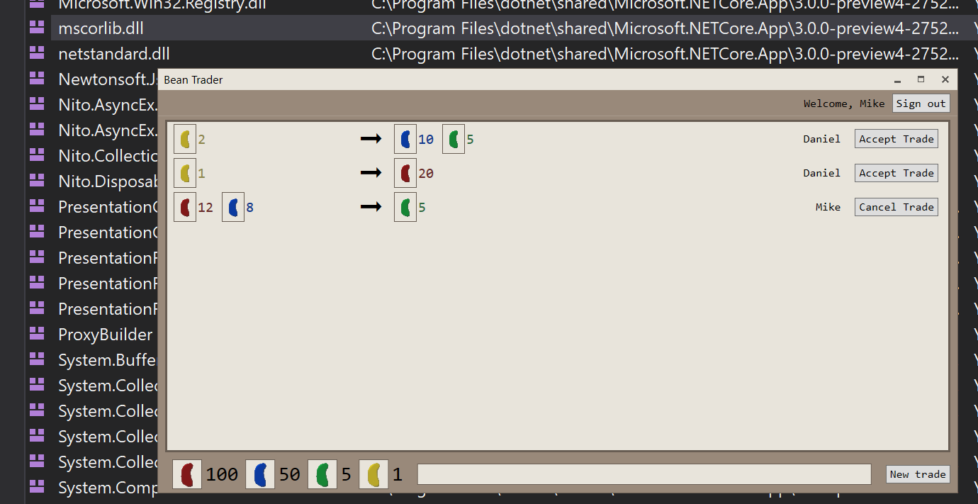 BeanTrader running on .NET Core