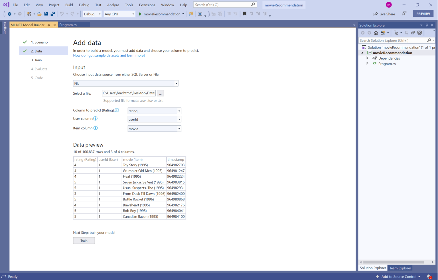 ml.net model builder