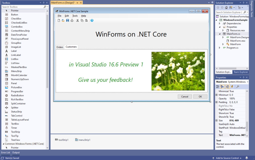 Updates on .NET Core Windows Forms designer - .NET Blog