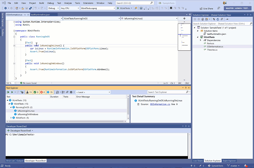 Animated image of changing a test target in Visual Studio